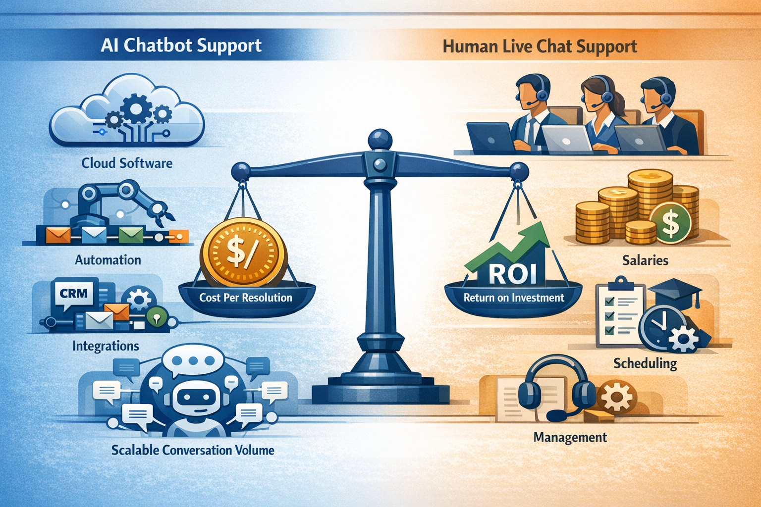 Visual comparison of AI chatbot software costs and human live chat staffing costs