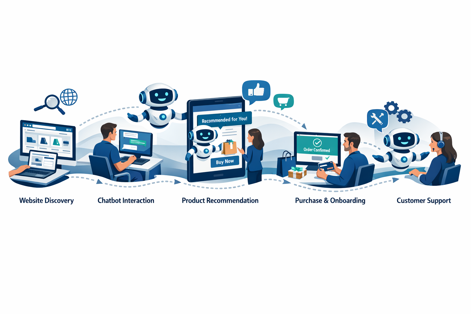 Illustrated customer journey from website discovery through purchase, onboarding, and ongoing chatbot support