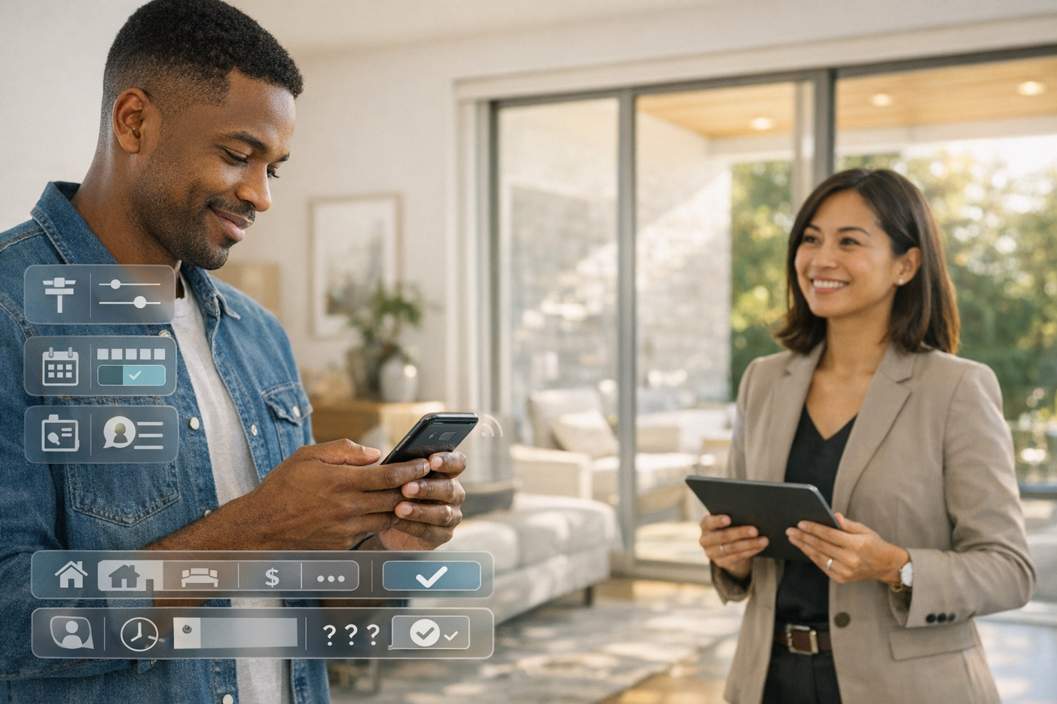 Prospective homebuyer using a real estate AI chatbot while an agent prepares a property viewing